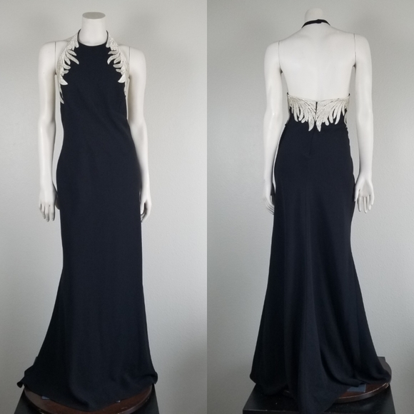 Carmen Marc Valvo Luxury Embroidered Wings Black Halter Maxi Gown Size 14 - Picture 2 of 12